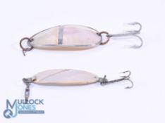 Scarce Mother of Pearl spoon 3" long, with applied silver, copper split rings, plated treble and