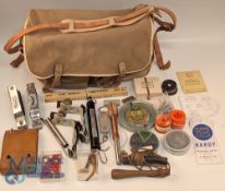Period canvas and leather Fishing Bag, with a selection of tackle to include Stayarite roof rod
