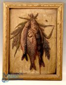 Pressed Embossed Card Repousse Fisherman's Catch Picture, in an original period frame - size #36cm x