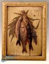 Pressed Embossed Card Repousse Fisherman's Catch Picture, in an original period frame - size #36cm x