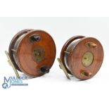 2x Unnamed Slater Nottingham Wood, alloy and brass centre pin reels - features a 4 1/2" starback