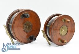 2x Unnamed Slater Nottingham Wood, alloy and brass centre pin reels - features a 4 1/2