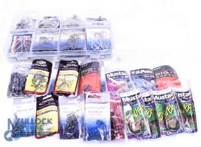 Large plastic 8-section tackle box with over 42 packs of new and unused packs of hooks, singles