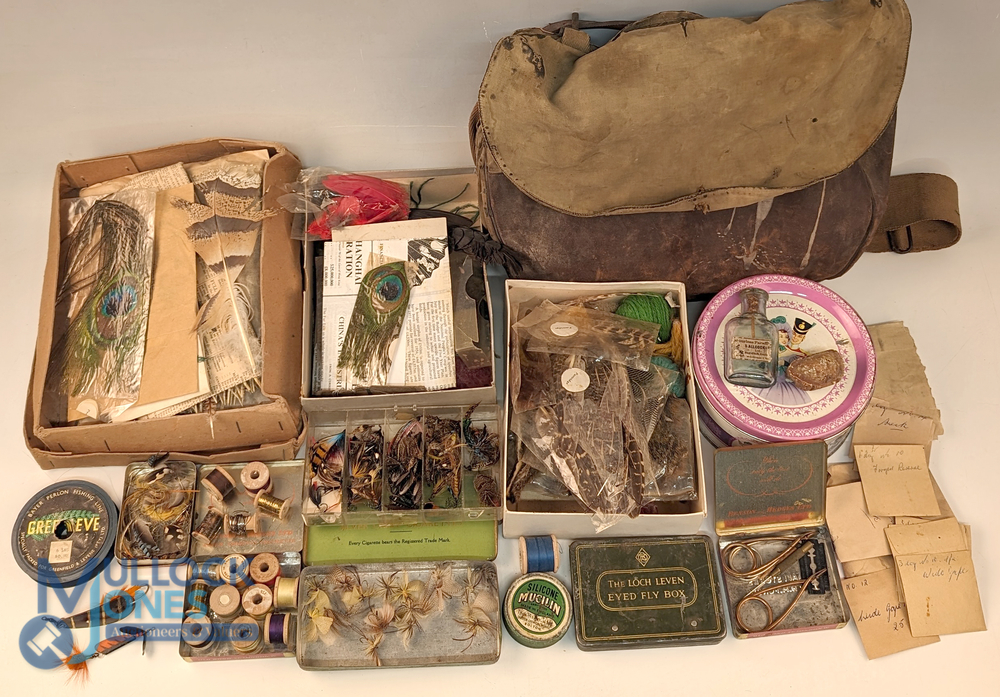 Period Fishing Tackle Bag with old fly-fishing tools, feathers, Gossamer silk, flash, hooks