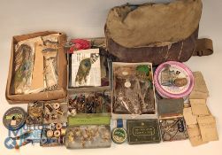 Period Fishing Tackle Bag with old fly-fishing tools, feathers, Gossamer silk, flash, hooks