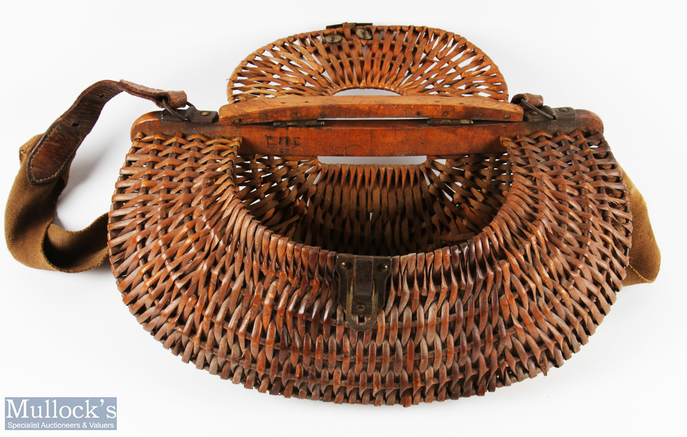 An unusual and rare unnamed Pasty shaped wicker creel made on a wood and steel frame, with metal - Image 2 of 2