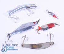 5 USA vintage metal baits, a Nature Patent Pending 5.5" fish shaped metal lure with revolving red