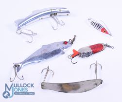 5 USA vintage metal baits, a Nature Patent Pending 5.5" fish shaped metal lure with revolving red