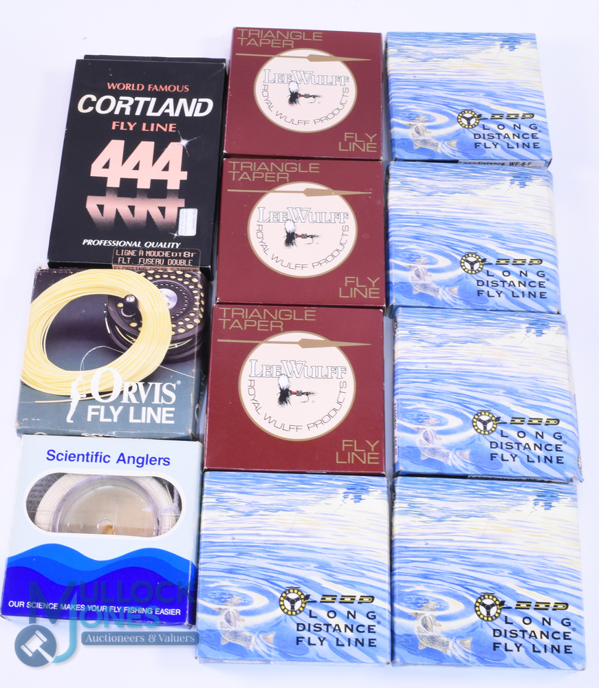 Collection of 11 unused boxed fly lines, including Lee Wulff Triangle Taper x3, Cortland 444, Aircel