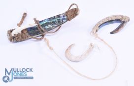 Pair of early shell and horn fish hooks, 2.5" and 4" long with Abalone shell inserts and cord wraps,
