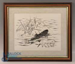 Small Trout Ink Pen Picture with GVB 03 signature - from Sweets Tackle shop Usk framed and mounted