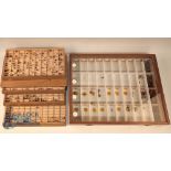 2 Wooden Fly-Tying Tackle Display Boxes, a glass topped display box with hinged lid in light