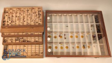 2 Wooden Fly-Tying Tackle Display Boxes, a glass topped display box with hinged lid in light