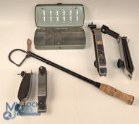 Vintage Fishing Tackle Accessories, to include a Record 5 extendable gaff, a sectioned fly tin