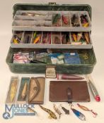 Vintage Fishing Tackle Cantilever box of lures, spinners, Devons, a fly wallet - with makers of
