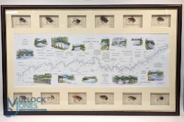 Impressive large Fisherman's Map of Salmon Pools in the River Dee, 12 framed salmon flies with