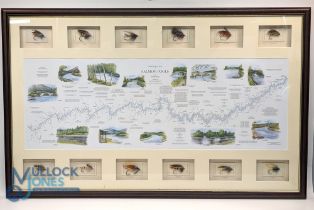 Impressive large Fisherman's Map of Salmon Pools in the River Dee, 12 framed salmon flies with