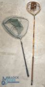 Period Landing Net, with burnt bamboo handle, bent wood net head with brass fittings, with a more