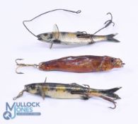2x Pery Wadham celluloid nature baits, 4" long with trace mounts, both named to fins and an