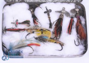 Collection of 7 Hardy Halcyon minnows in sizes 3/4" - 2 1/4", various patterns plus 3 salmon flies