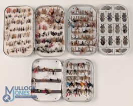 Richard Wheatley Aluminium Fly boxes Tins, full of dry and wet small flies, 2 named fly boxes (one