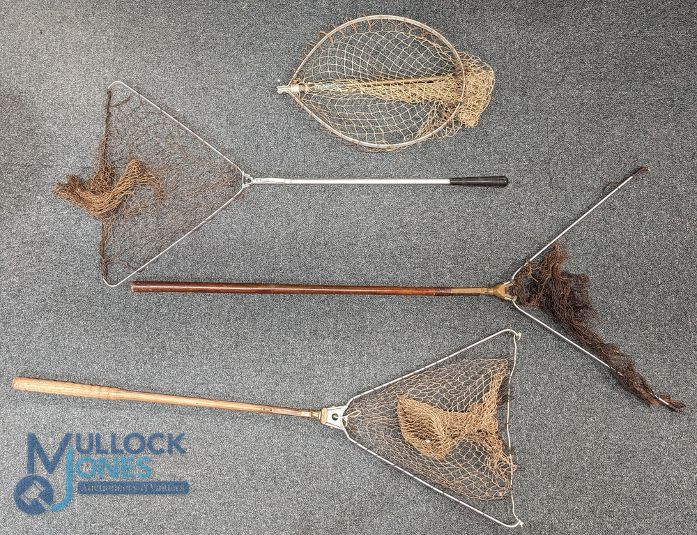 Period folding landing nets, with a named items inc Farlow's net with a wooden handle and brass