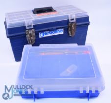 Pair of tackle boxes as follows: Garbollino large tackle box 19" x 9" x 10", visible compartments in