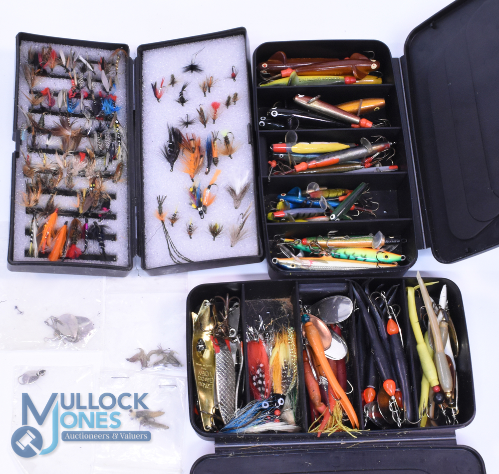 Tackle boxes as follows: Abu 5 section tackle box with a selection of Devons and Minnows, 22