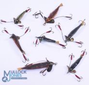 Collection of 7 antique Soleskin Phantom minnows, sizes 2-2 1/2", various colours, 2 with fins
