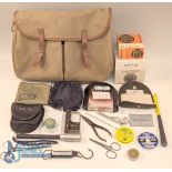 Brady shoulder bag with the following contents: scales, priest, forceps, tippet, Orvis fly pouch,