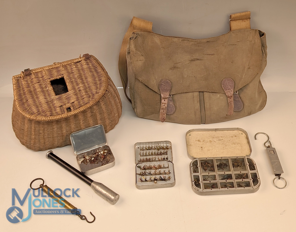 Period canvas Fishing Tackle Bag with fly tins, a priest and small wicker fishing creel, the fly tin