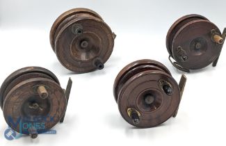 A collection of mahogany and brass reels as follows: 3x star back 3 1/2" spool reels, all with