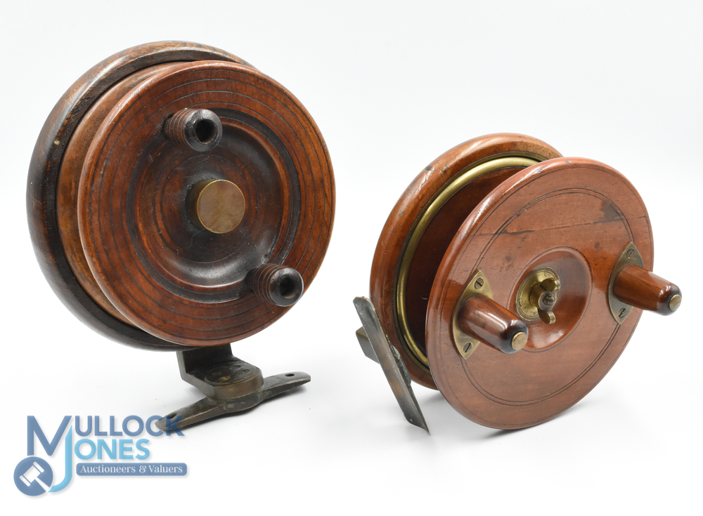 2x Nottingham wood and brass reels - features a 5" starback reel with brass lined backplate, brass