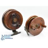 2x Nottingham wood and brass reels - features a 5" starback reel with brass lined backplate, brass