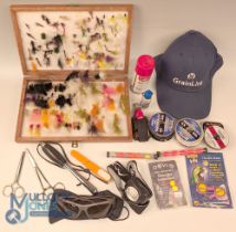 A collection of fishing equipment, as follows: Leeda fly box 12" x 7", large quantity of trout