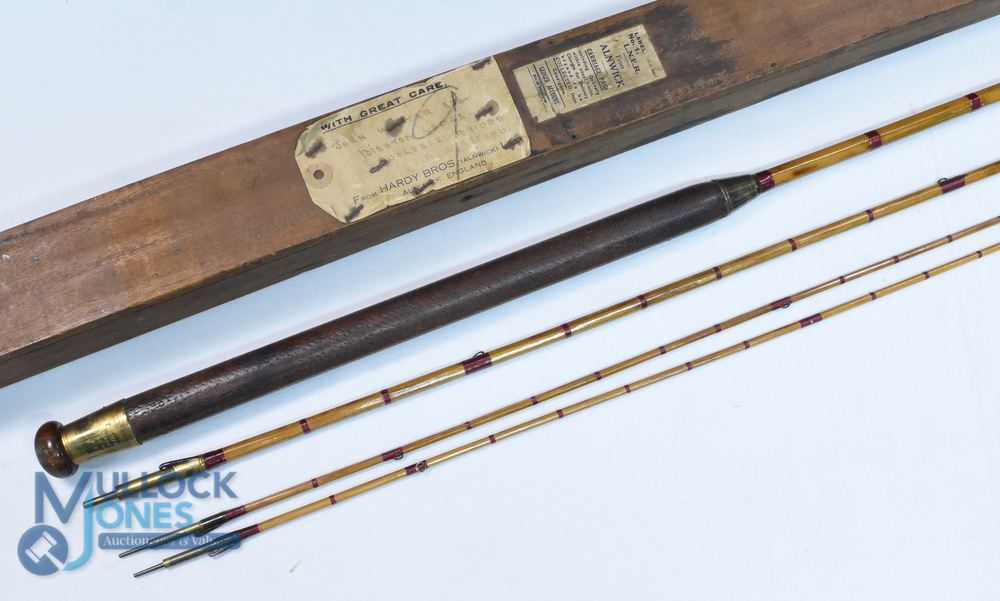 Rare early Hardy 11'6", 3 piece split cane fly rod with spare tip, burgundy whipped drop rings,