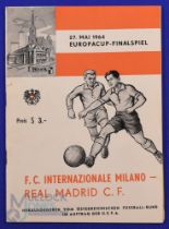 1964 European Cup final match programme Real Madrid v Inter Milan (Vienna) + 4 page insert; good. (