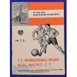 1964 European Cup final match programme Real Madrid v Inter Milan (Vienna) + 4 page insert; good. (