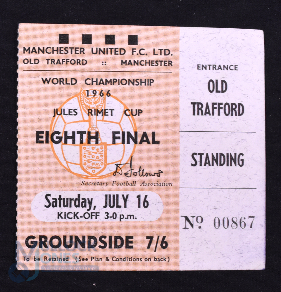 1966 World Cup 1/8 final Match Ticket Portugal v Bulgaria at Old Trafford 16 July 1966; fair/