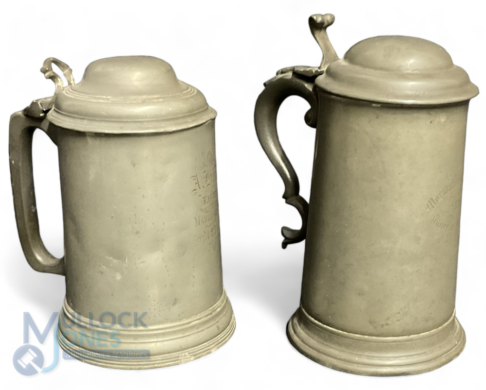 Marlborough College 19th century Pewter lidded Tankards 1876 Drop Kick named to A House and 1877 - Image 2 of 4