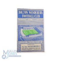 1957/58 Bolton Wanderers v Manchester Utd. Div. 1 match programme 14 September 1957; slight mark,