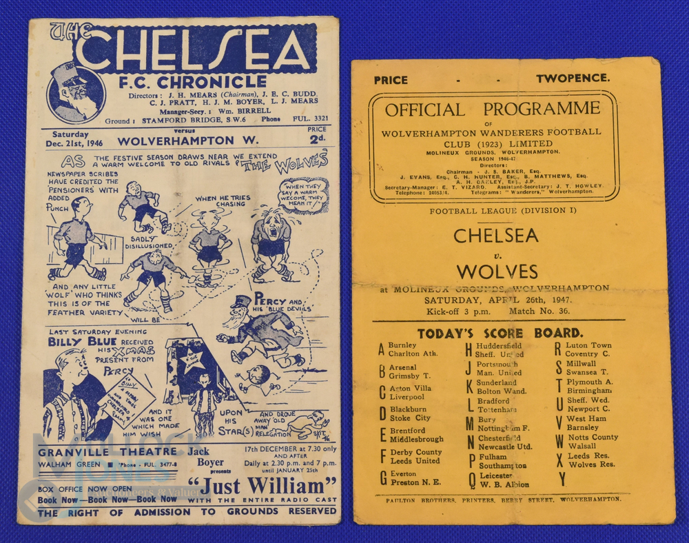 1946/47 Wolverhampton Wanderers v Chelsea Div. 1 match programme (26 April) plus away reverse