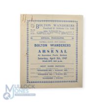 1946/47 Bolton Wanderers v Arsenal Div. 1 match programme 5 April 1947; slight rust mark, o/wise