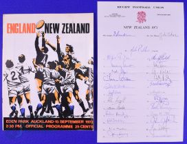 1973 Fully Autographed NZ v England Rugby Programme etc (2): All the players of both sides in this