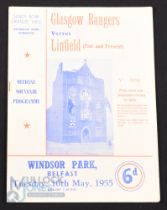 1955 Linfield v Glasgow Rangers fund raiser match programme 10 May 1955 at Windsor Park, Belfast;
