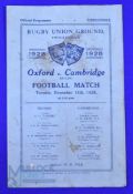 1928 Varsity Match Rugby Programme: Folds, grubby, marks to front, Cambridge four-timer, usual