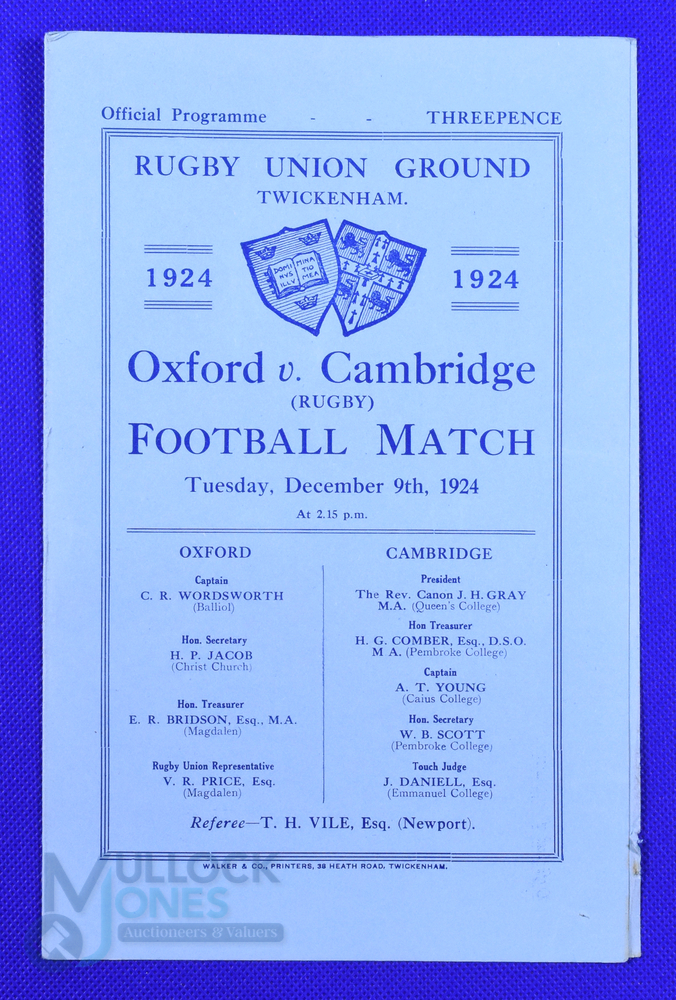 1924 Varsity Match Rugby Programme: Oxford win, many caps current or future, remarkably good