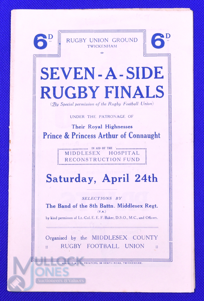 Scarce 1926 First Middlesex Sevens Rugby Programme: The original outing for the famous