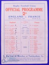 Scarce 1930 England v France Rugby Programme: Larger format Twickenham issue with teams to front