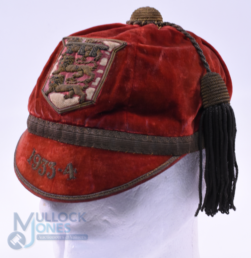 1933-4 Lancashire Velvet Rugby Honours Cap: Scarlet County cap, six panels, by Tyldesley and